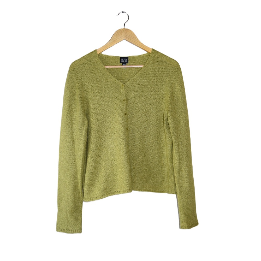 Eileen Fisher Cardigan Women L Green Excellent Silk Mohair V-Neck Button Front